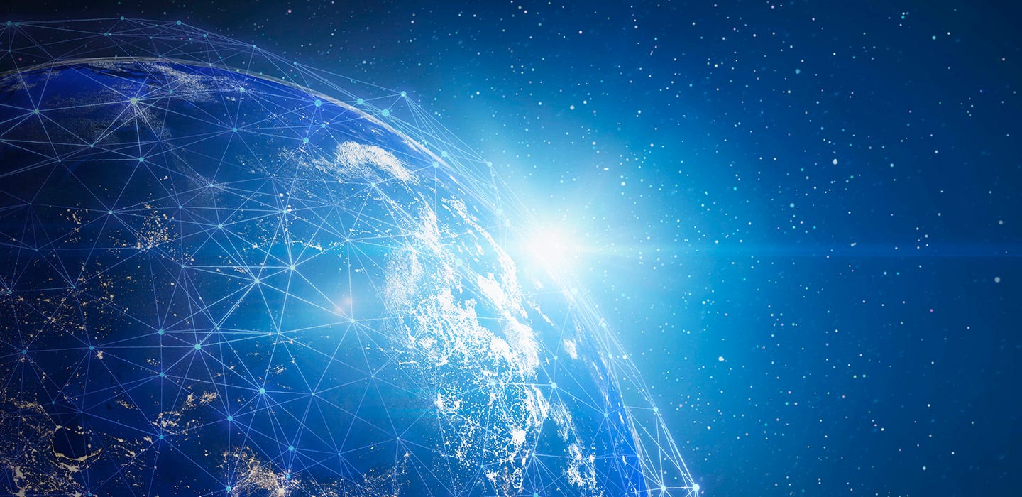 Enhanced NASA image of Earth in outer space with network connection and sunlight. 